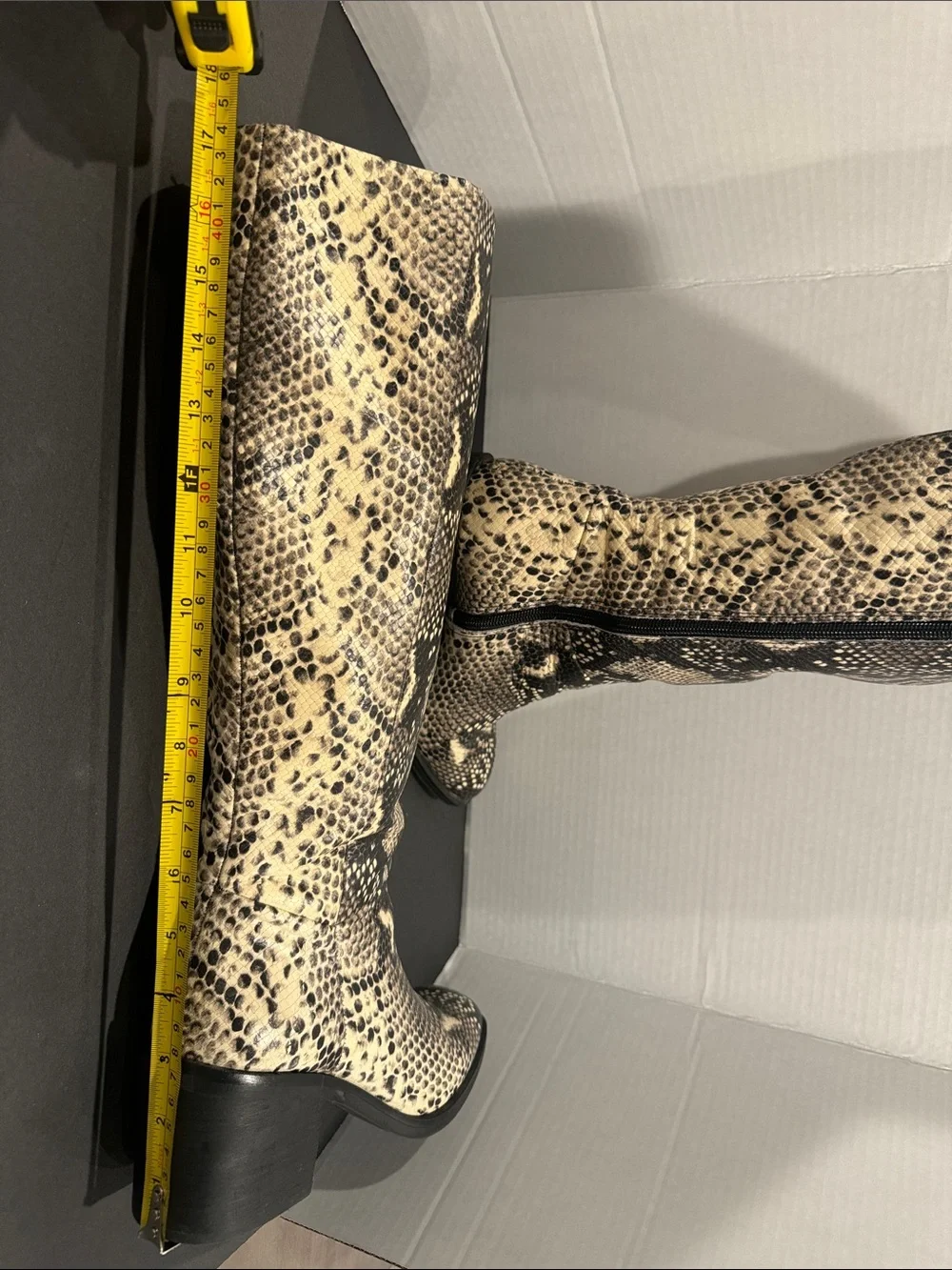 Women's Crown Vintage Knee-High Snake Print Boots in Black and Cream